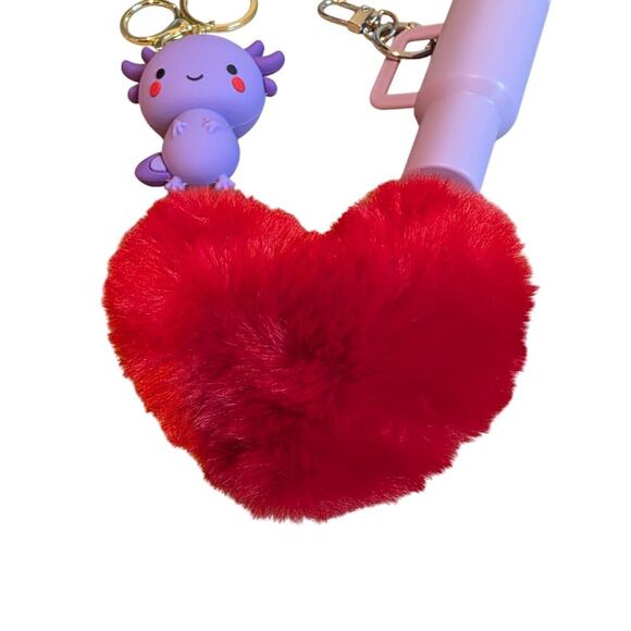 Axolotl, Drink Tumbler and Fuzzy Heart Bag Charm Keychain Bundle New - Picture 5 of 6